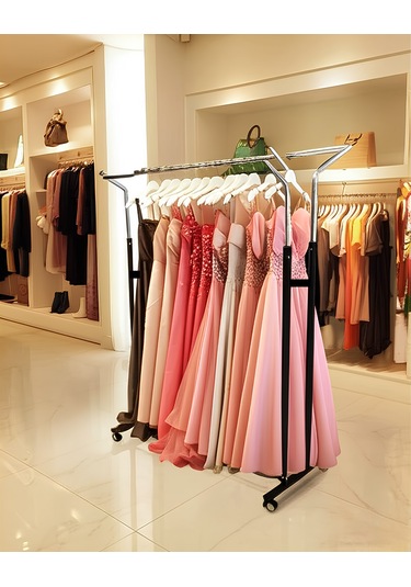 V Ayarlı 125 Cm En Çelik Konfeksiyon Elbise Askılık Tekerli Portatif E Raf Home Hanger Siyah