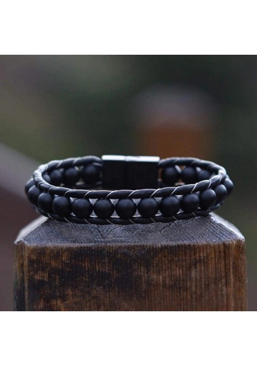 Moncuk Design Mat Oniks Taşı Örmeli Deri Bileklik 33512b2d8m7 Çok Renkli