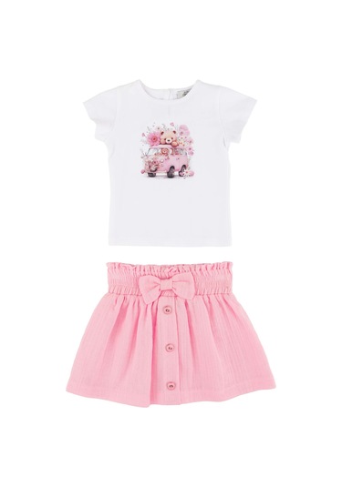 Araba Çiçek Baskılı Body Fiyonklu Etek Takım Pembe