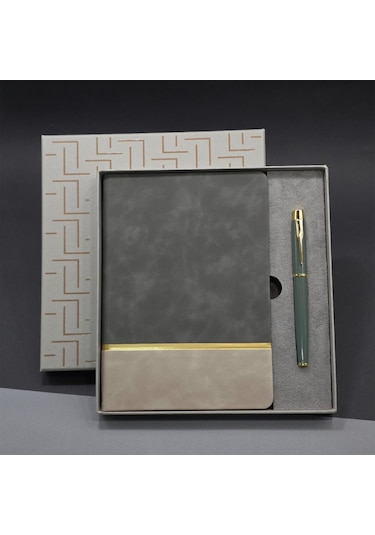 Mobgift Altın Şeritli Tarihsiz Soft Deri Defter Ve Roller Kalem Seti Gri