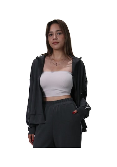 Kadın Modal Kumaş Kontrast Detaylı Rahat Kalıp Antrasit Ceket Hırka Antrasit