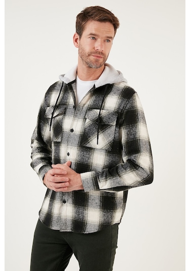 Buratti Ekoseli Çift Cepli Kapüşonlu Oduncu Erkek Gömlek Cf22W2650 Haki-Antrasit