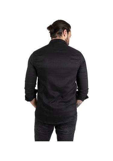 Deepsea Erkek Siyah Slim Fit Dar Kesim Dokulu Spor Gömlek Likralı Pamuklu Esnek Kumaş Gömlek 2001810 Siyah