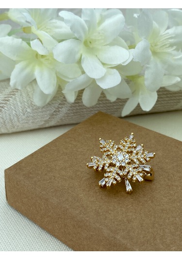 Broş Kar Tanesi Model Full Zirkon Taşlı Gold