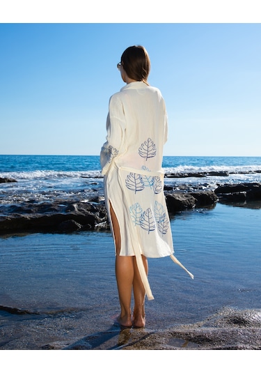 Litustyle Yaprak - Naturel & El Baskılı Pamuk Müslin Kimono Beyaz
