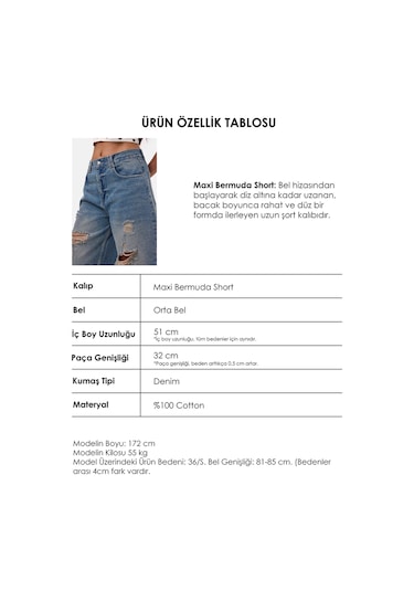 Itsbasic Kadın Kot Rengi 10s6-84 Yırtık Detaylı Maxi Bermuda Şort