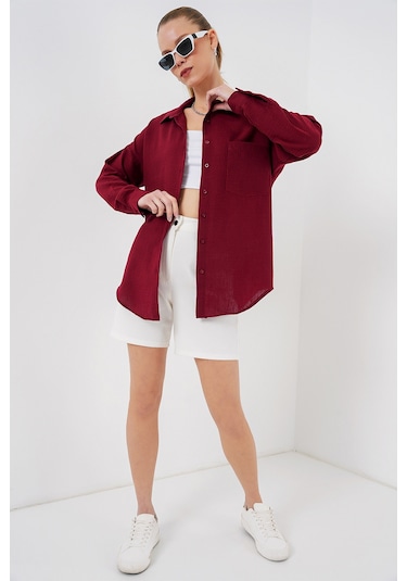 Bigdart 20153 Tek Cepli Oversize Keten Gömlek - Bordo