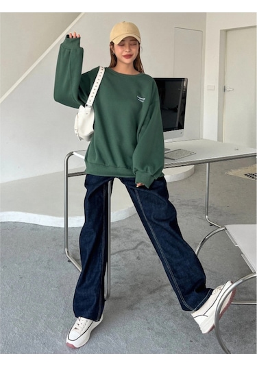 Kadın Nefti Yeşil Staggertly Baskılı Bisiklet Yaka Sweatshirt Nefti Yeşili