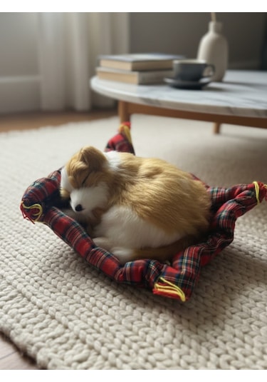 Peluş Yavru Köpek Oyuncak Minder Üstünde Uyuyan Kedi Orta Boy