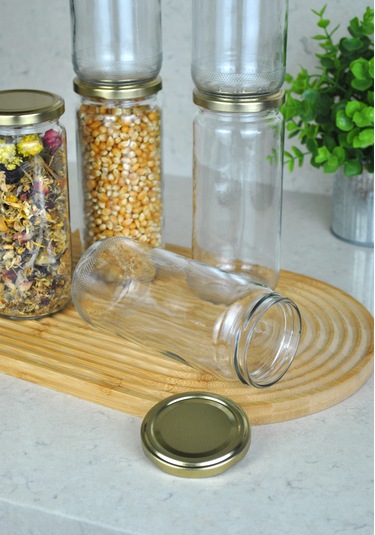 6 Adet Metal Gold Altın Kapaklı Konserve 500 Cc Şeffaf Uzun Cam K