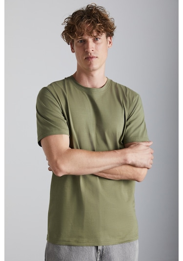 Solo Erkek %100 Organik Pamuklu Kalın Dokulu Comfort Fit Bisiklet Yakalı Haki T-shirt