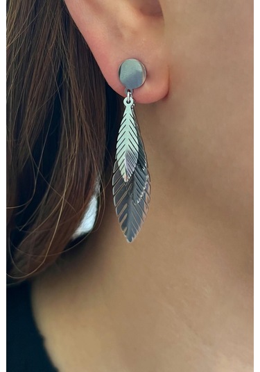 Allmisse Şans Tüyü Sallantılı Gümüş Kaplama Çelik Küpe - Gümüş