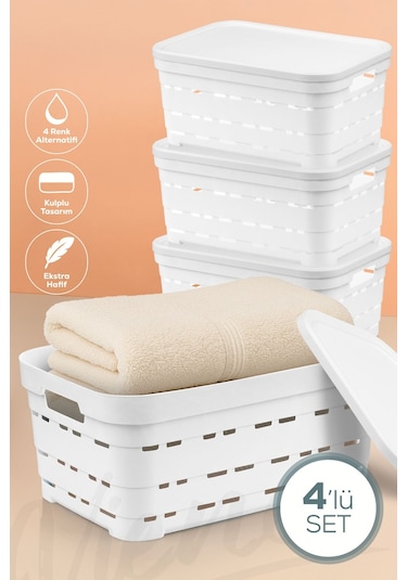 Vienev 4'lü Kapaklı 10,8 Litre Delikli Saklama Kutusu Beyaz Beyaz