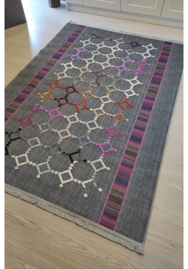 Gri Nakışlı Salon Halısı Dekoratif Kaymaz Modern Mutfak Halısı