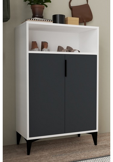 1202 Ada Ayakkabılık 4 Raflı 2 Kapaklı Çok Amaçlı Dolap Antrasit Beyaz Antrasit - Beyaz