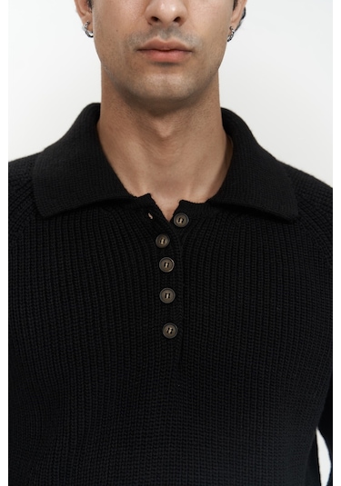 Vander Düğme Detay Siyah Erkek Triko Kazak Siyah