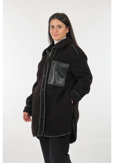 Ekol Düz Yaka Büyük Beden Cepli Uzun Kollu Siyah Kadın Manto 2220 001