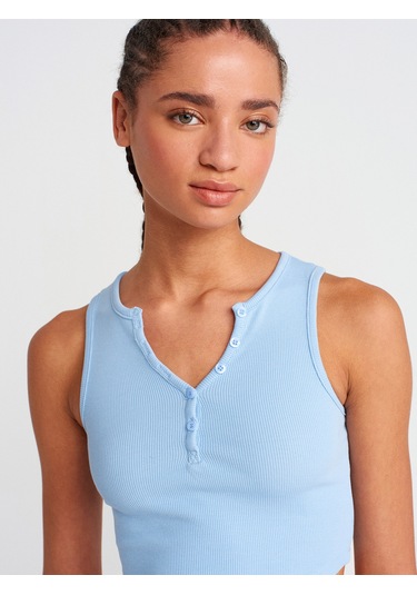 Dilvin 20844 Önü Düğmeli Top-mavi Mavi