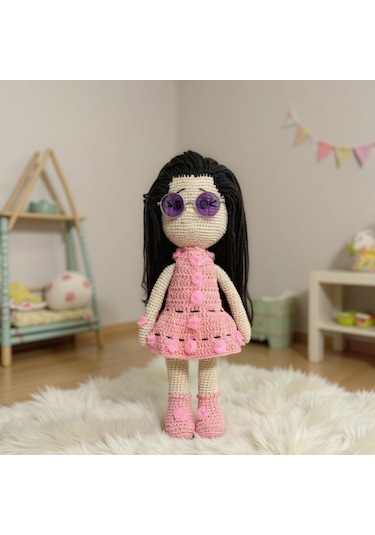 Tığ İşi Sevimli Kız Bebek Amigurumi Örgü Oyuncak Krem - Pembe