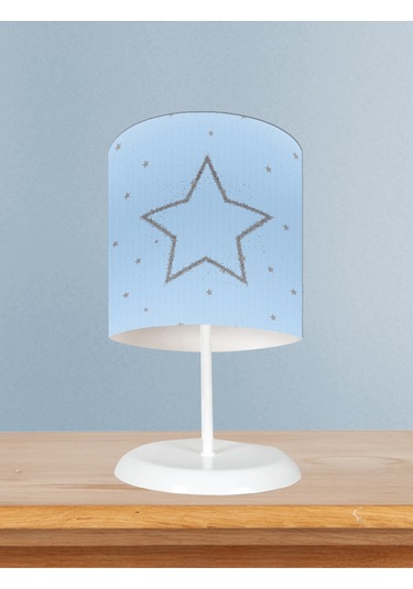 Mekta Home Bebek Ve Çocuk Odası Büyük Gri Yıldız Desenli Mavi Abajur