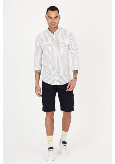 Erkek Lacivert Renk Kargo Yandan Cepli Esnek Kumaş Slim Fit Kapri Şort Lacivert