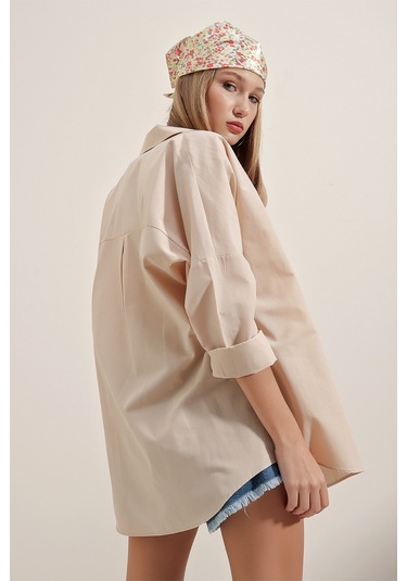 Bigdart 3900 Oversize Uzun Basic Gömlek - Krem 001