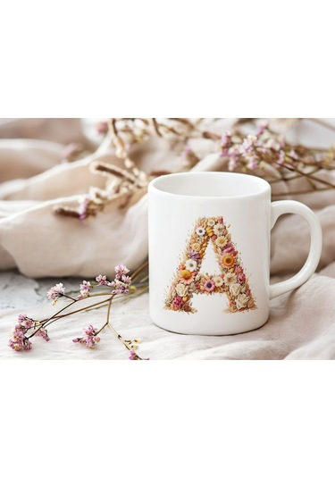 A Harfi Çiçek Desenli Kupa Bardak - Alfabe Harfleri İle Doğal Çiçekli Kupa - Hediye Fikir Beyaz