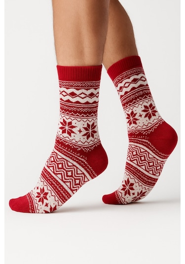 Plus Scorpion Erkek Yılbaşı Soket Çorap Pamuklu, Desenli, Sıcak Tutan Noel Temalı 40-45 Numara Kırmızı