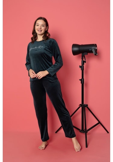 Lukitus Pamuklu Kadife Pijama Takımı Yeşil Kadife01 Yeşil