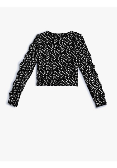 Koton Crop Bluz Uzun Kollu Pencere Detaylı Yuvarlak Yaka Siyah Desenli 5wkg60035ak Siyah