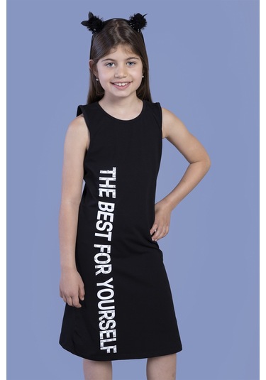 Toontoy Kız Çocuk İnci Detaylı Baskılı Elbise Siyah