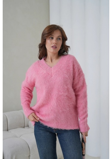 Kadın V Yaka Sakal Dokulu Şardonlu Oversize Triko Kazak 8695 Pembe