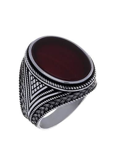 Nagiss 925 Ayar Gümüş Küçük Boy Akik Taşlı Örgü Model Yüzük