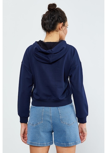 Tommy Life İndigo Uzun Kol Rahat Form Kapüşonlu Kadın Sweatshirt - 97115 İndigo