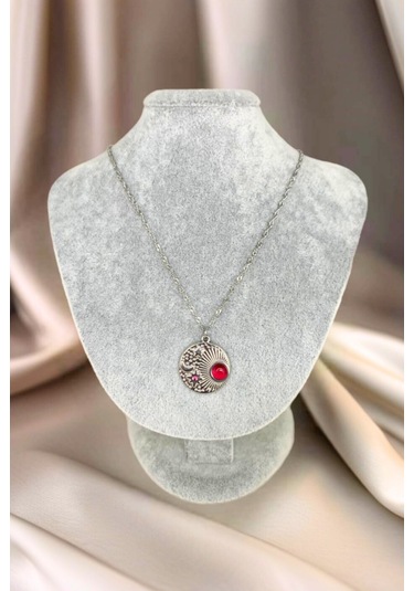 Gümüş Renkli Kırmızı Taş Detaylı Çelik Kolye Gümüş