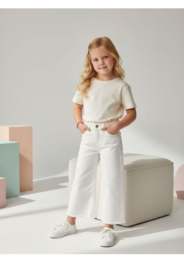 Zekids Kız Çocuk Pamuklu Paçaları Püsküllü Pantolon-16677 Beyaz