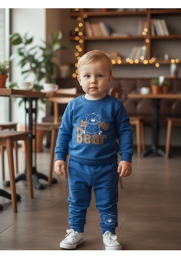 Zekids Erkek Bebek Pamuklu Ayıcıklı Eşofman Takım-16330 Mavi