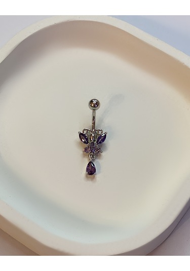 Kadın Mor Kelebek Model Sallantılı Çelik Piercing Gümüş