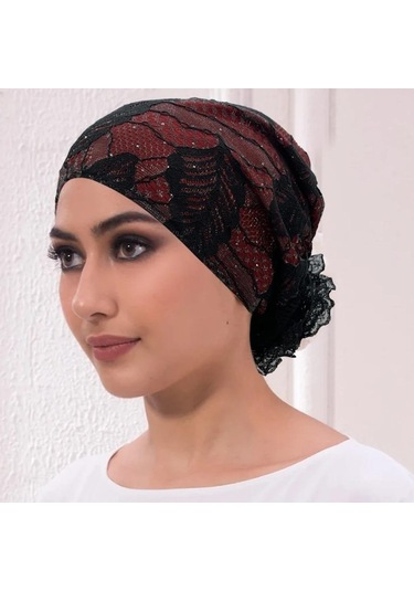 Novahub Kadınlar İçin Nefes Alabilen Yaprak İşlemeli Dantel Türban Şapkalar Şarap Kırmızısı - Standart Şarap Kırmızısı