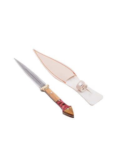 Çift Ağızlı Çerkez Bıçağı - Deri Kılıflı - Epoksi Sap - Büyük - Kırmızı Çok Renkli