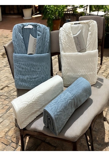 Banyo Çeyiz Seti, %100 Pamuk Bornoz Takımı, 8 Parça Aile Bornoz Seti, Havlu & Havlu Seti Mavi-krem Mavi