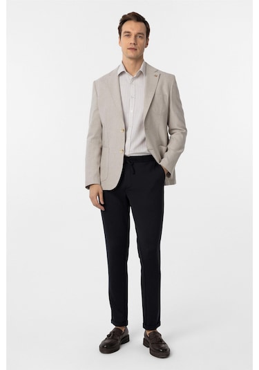 Süvari Bej Slim Fit Armürlü Mono Yaka 6 Drop Ceket