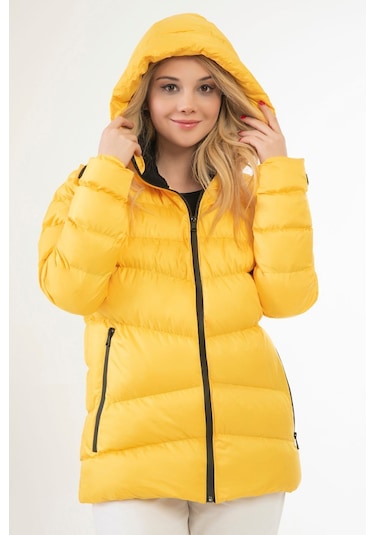 Kadın Sarı Kapüşonlu Içi Polarlı Kürklü Su Geçirmez Rüzgara Dayanıklı Şişme Mont Sarı