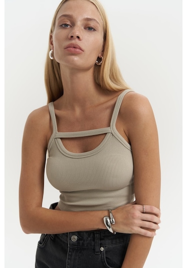 3396 - Noam Soft Haki Ön Detay Fitilli Crop Haki