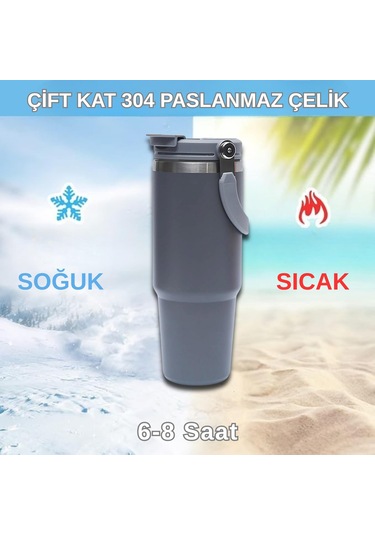 Pipetli Termos Bardak 900 Ml Paslanmaz Çelik -çift Kullanımlı Kapak Gri