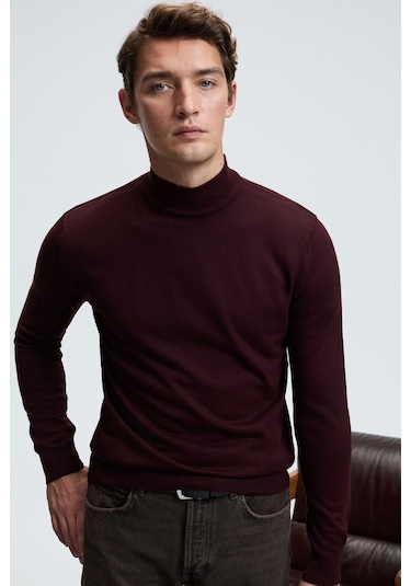 REBEL Erkek Yarım Balıkçı Yaka Basic Slim Fit Triko Bordo Kazak