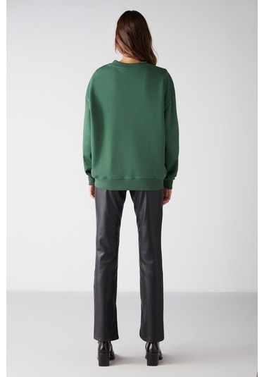 Vaneltına Kadın Içi Polarlı 3 Iplik Organik Pamuk Oversize Basic Bisiklet Yaka Yeşil Sweatshirt
