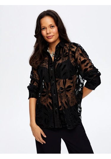 Faik Sönmez Dantelli Kadın Gömlek W26gml018 Siyah