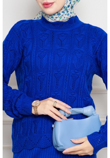 Dantel İşlemeli Jileli Triko Takım-saks Mavi-4433 Saks Mavi