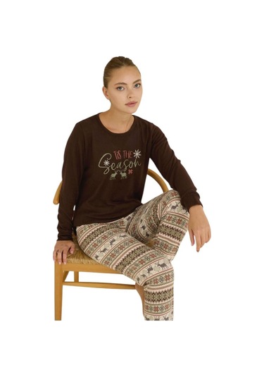 Seamlife Kadın Kışlık Termal Uzun Kollu Pijama Takımı Kahverengi